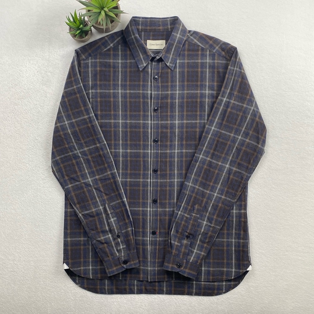 Oliver Spencer New York Special Plaid LS Button Up Shirt (Blue/Brown/Gray)